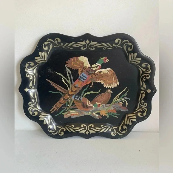 Other - Large Toleware Tole Painted Tray Pheasant Bird Hunting Decor Boho Shabby Chic